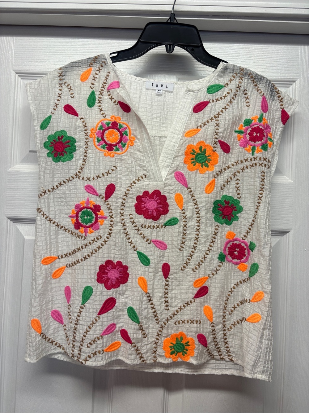 THML Boho White, Pink, Green & Orange Embroidered Floral V-Neck Textured Top XS